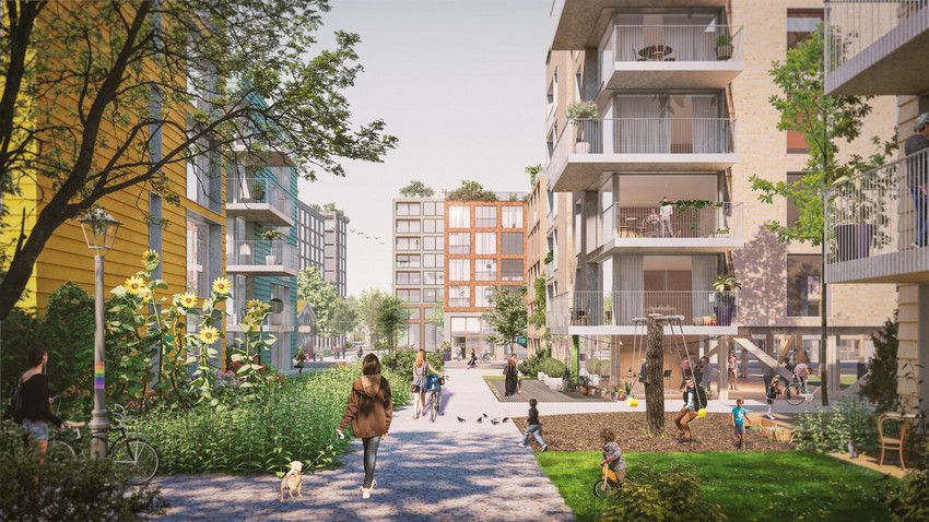 Bybilde av boliger og torg i grønne omgivelser. Illustrasjon 