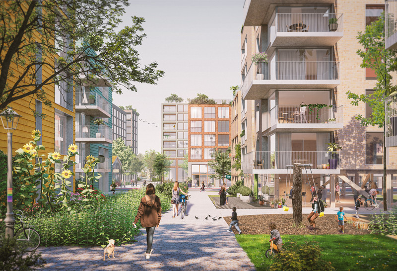 Bybilde av boliger og torg i grønne omgivelser. Illustrasjon 