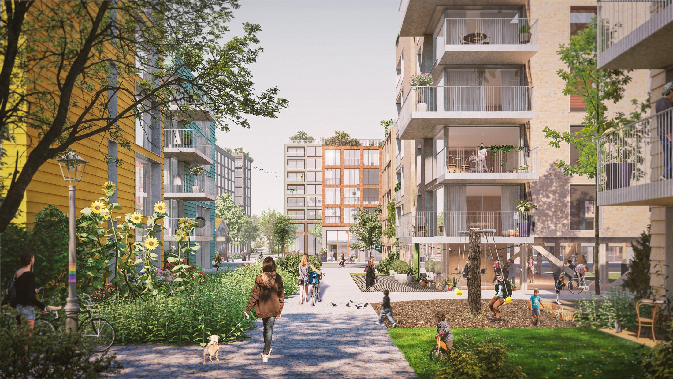 Bybilde av boliger og torg i grønne omgivelser. Illustrasjon