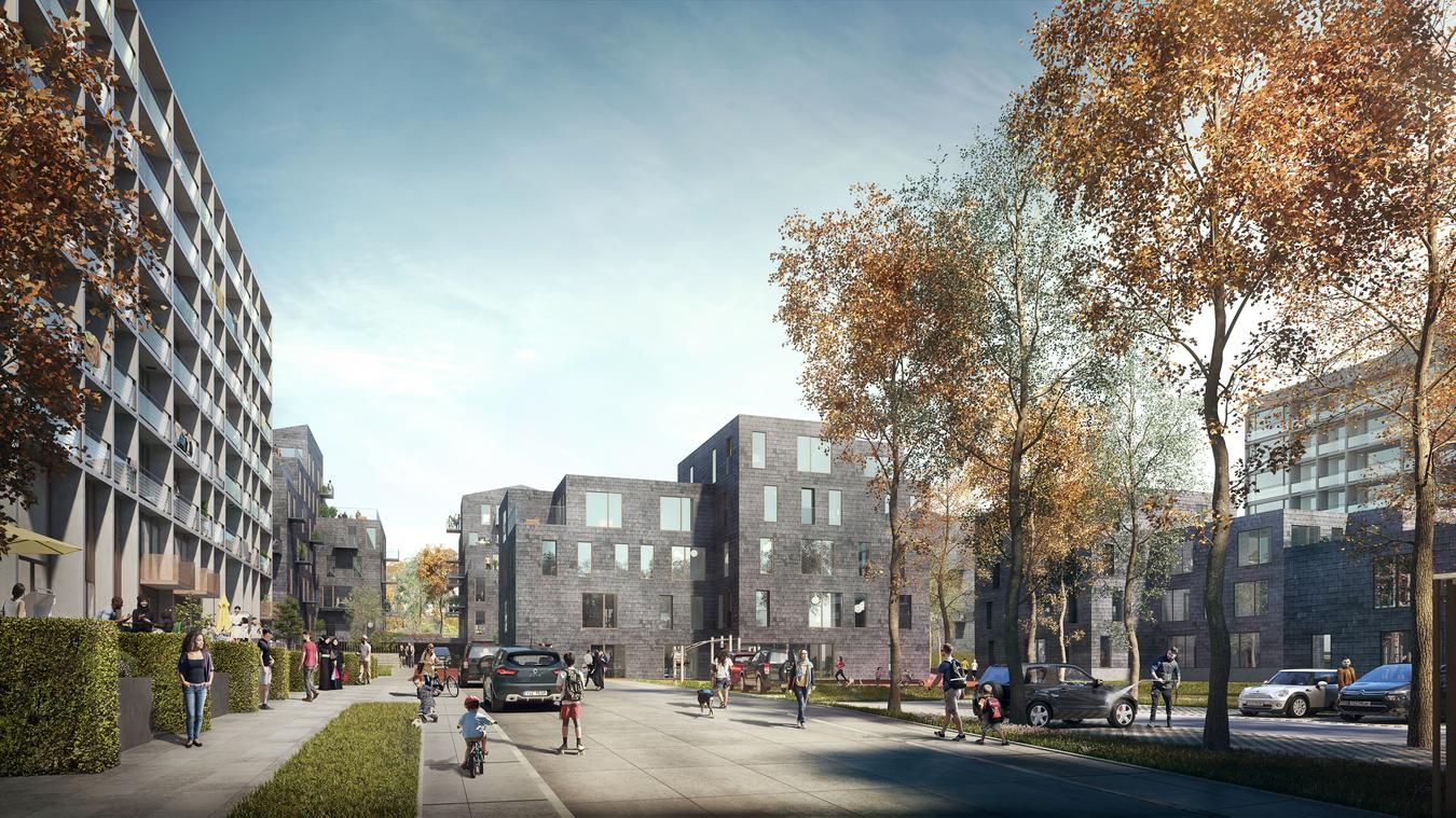 Boliger med fortove og parkeringspladser foran. Illustration
