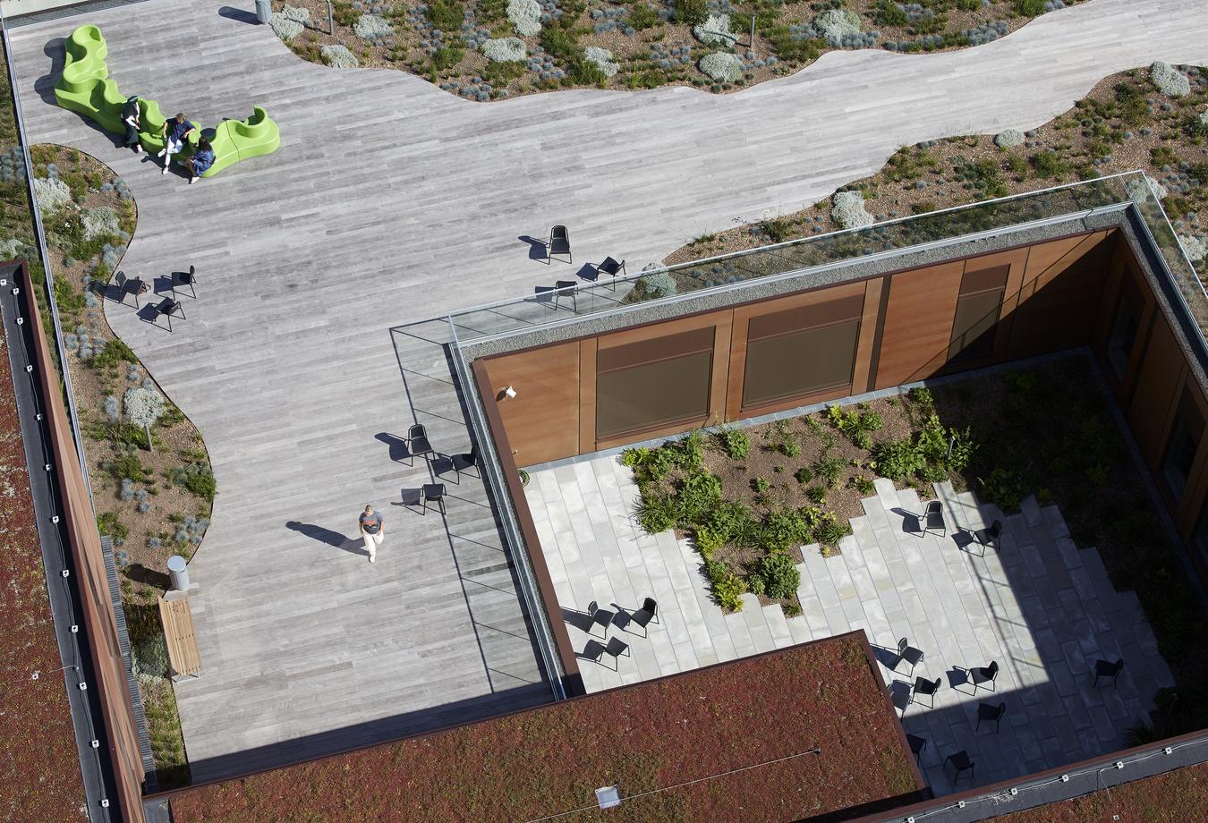 Dronefoto som viser uteområdet mellom sykehusbyggene. Sittebenker, treterasse og atrium med steinheller.