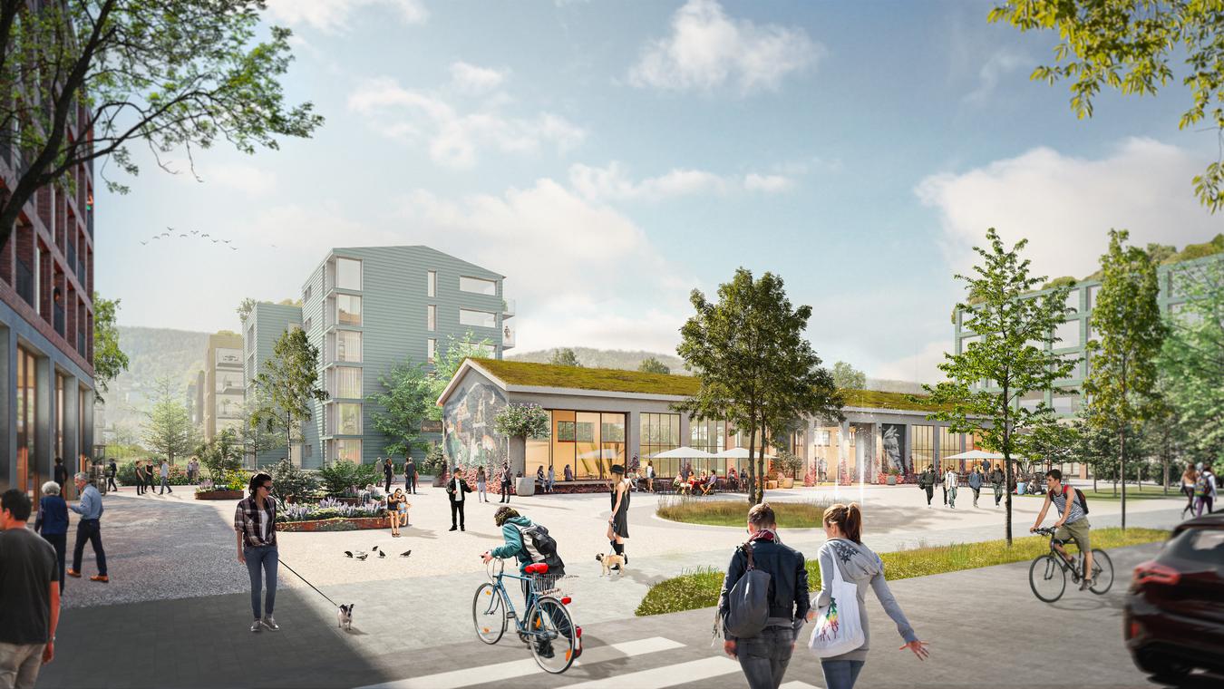 Levende bybilde med boliger og næring - med aktivitet rundt et torg med fontene og grønne omgivelser. Illustrasjon