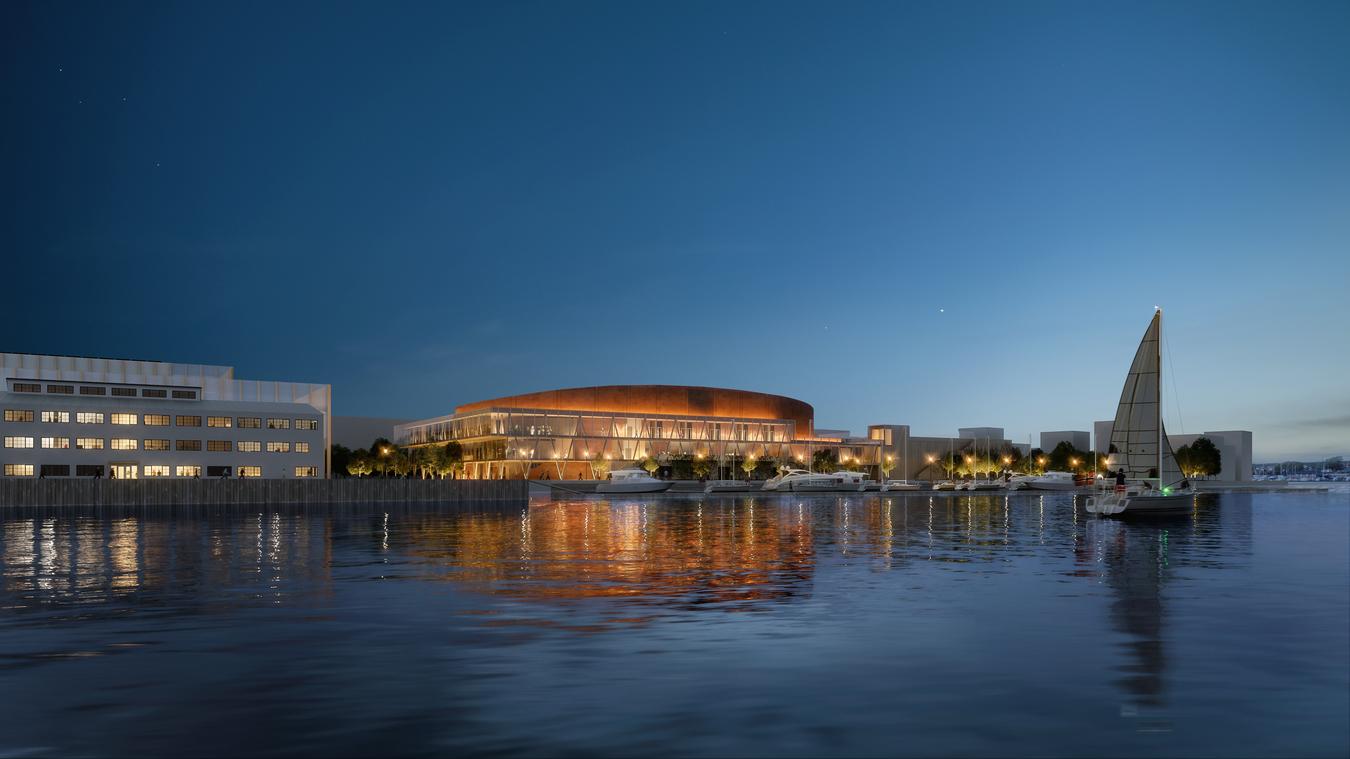View from the lake towards the buildings in the evening. Illustration