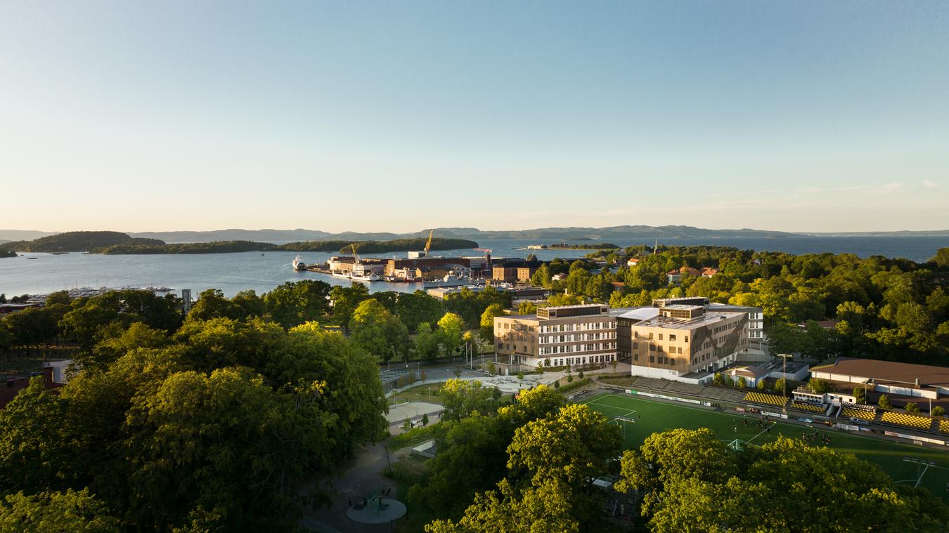 Oversiktsbilde av skole. Skog i forgrunn. Vann og havneområde i bakgrunn. Foto