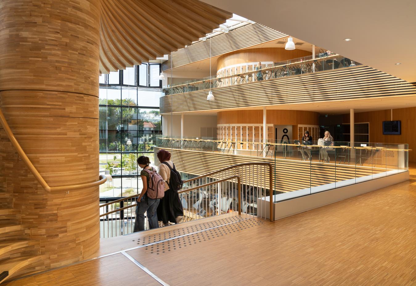 Wooden stairs and details from balconies with slat walls. Photo