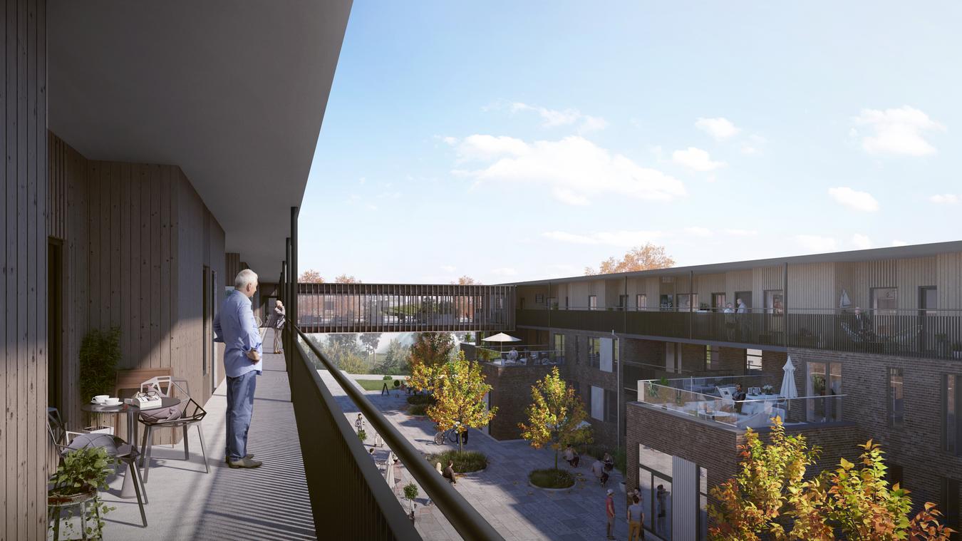 Pensionären står på verandan och tittar ner på gågatan. Illustration
