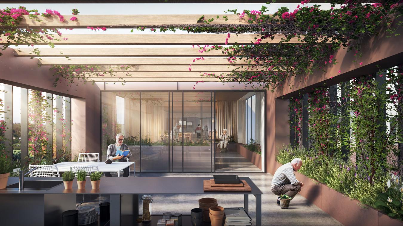 Pensionär som tar hand om växter på verandan. Illustration